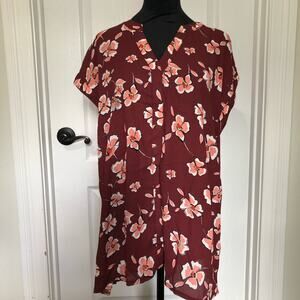 Alfani Women's Blouse Top Split Neck Short‎ Sleeve Floral Maroon Size XL NWT
